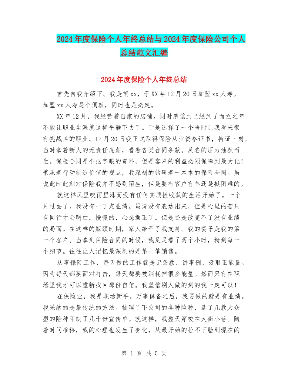 2024年度保险个人年终总结与2024年度保险公司个人总结范文汇编_第1页