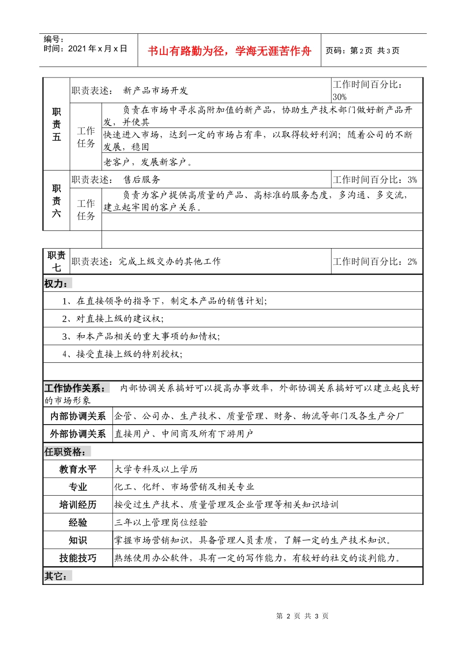 某化纤企业分公司聚酯切片销售经理职务说明书_第2页