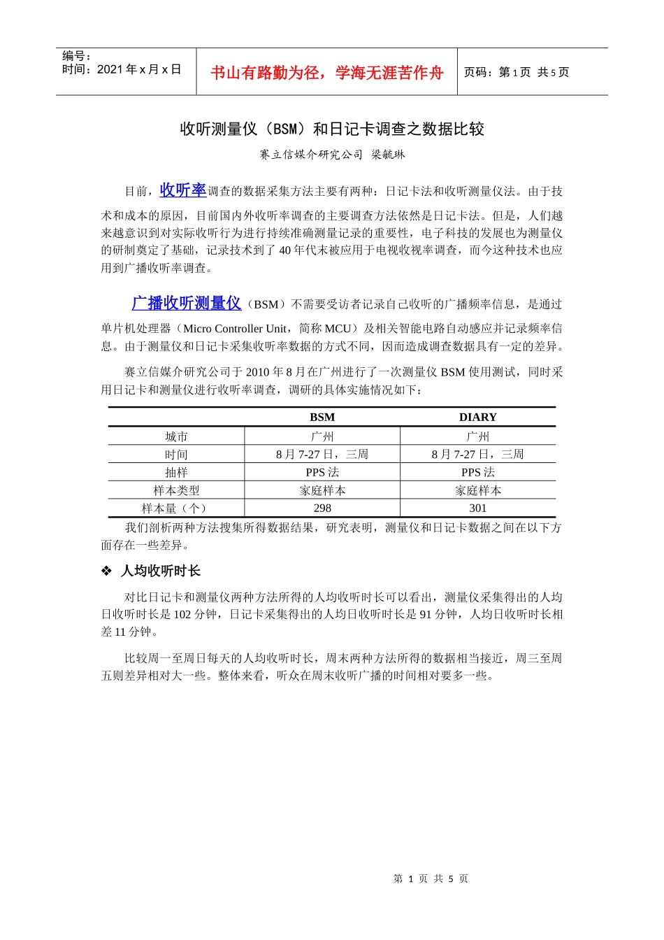 赛立信广播收听测量仪(BSM)和日记卡调查的数据比较(收听率)_第1页