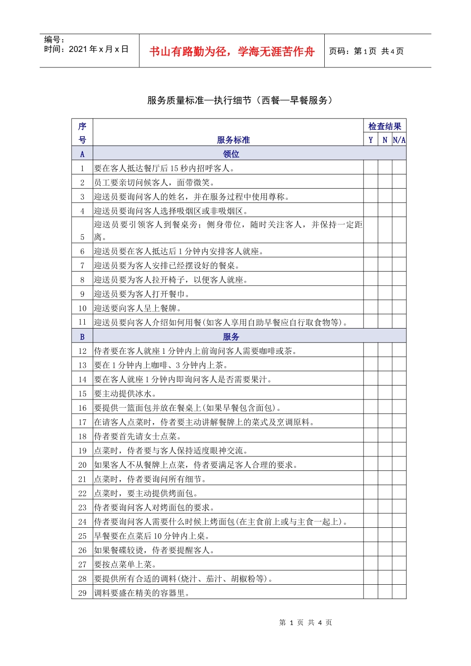 西餐早餐服务质量检查表_第1页