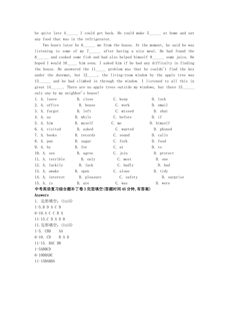 中考英语复习资料 完形填空 _第3页