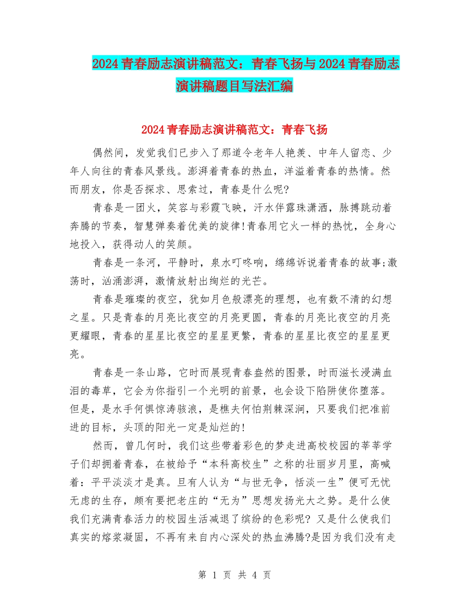 2024青春励志演讲稿范文：青春飞扬与2024青春励志演讲稿题目写法汇编_第1页