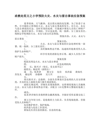 政教处范文小学预防火灾、水灾与雷击事故应急预案 