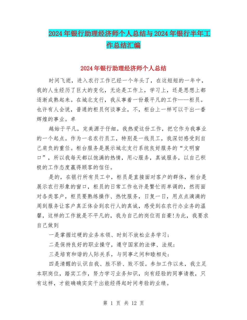 2024年银行助理经济师个人总结与2024年银行半年工作总结汇编_第1页