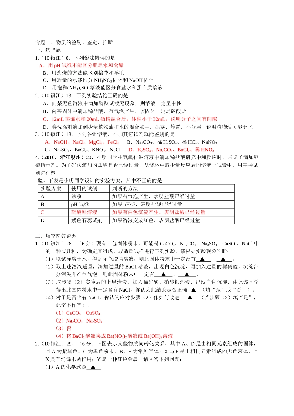 中考化学试题汇编物质的鉴别鉴定推断 _第1页