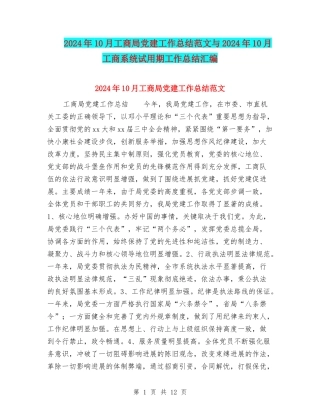 2024年10月工商局党建工作总结范文与2024年10月工商系统试用期工作总结汇编