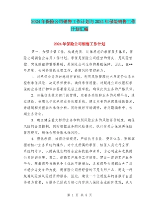 2024年保险公司销售工作计划与2024年保险销售工作计划汇编
