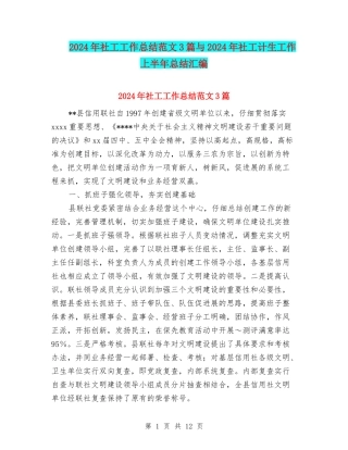 2024年社工工作总结范文3篇与2024年社工计生工作上半年总结汇编