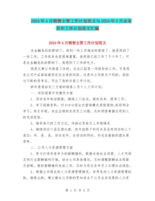 2024年4月销售主管工作计划范文与2024年5月业务员年工作计划范文汇编
