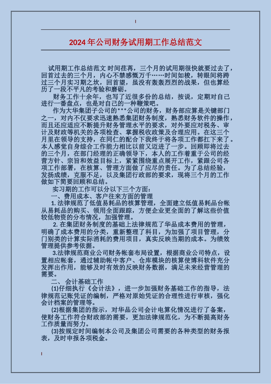 2017年公司财务试用期工作总结范文_第1页