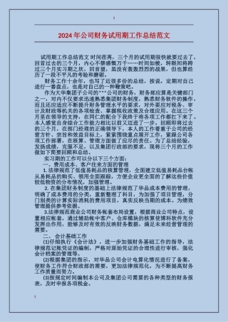 2017年公司财务试用期工作总结范文