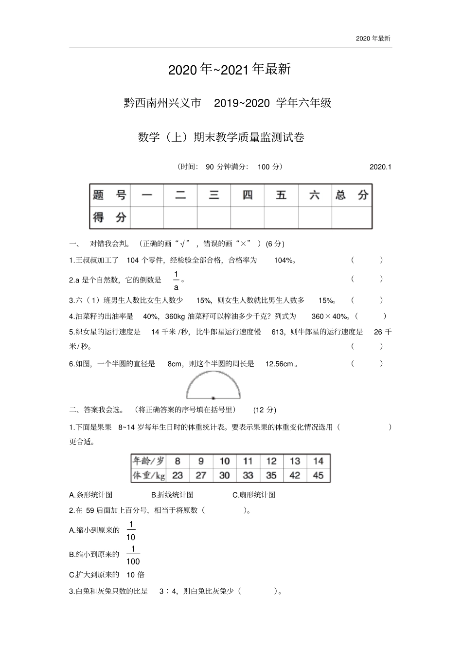 人教版数学六年级上册黔西南州兴义市期末教学质量监测试卷_第1页