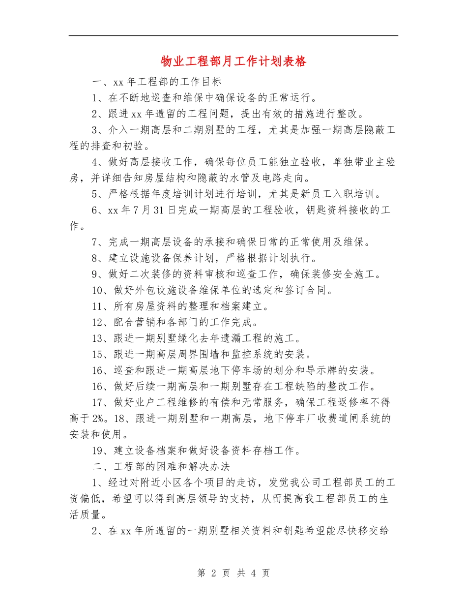 物业工程部月工作计划表格_第2页