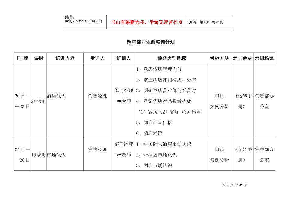 销售部开业培训计划_第1页