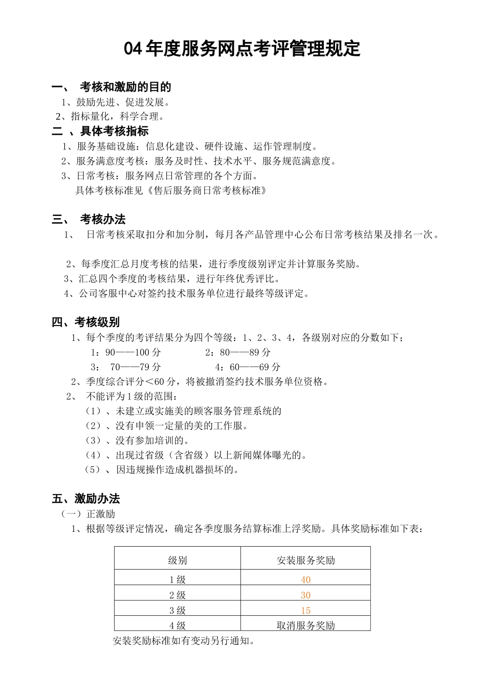 某电器公司04年度服务网点考评管理规定_第1页