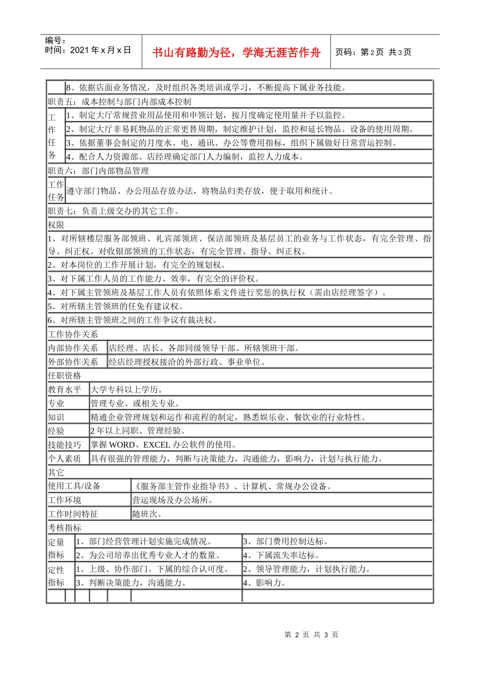 某连锁餐饮企业服务部主管职务说明书_第2页