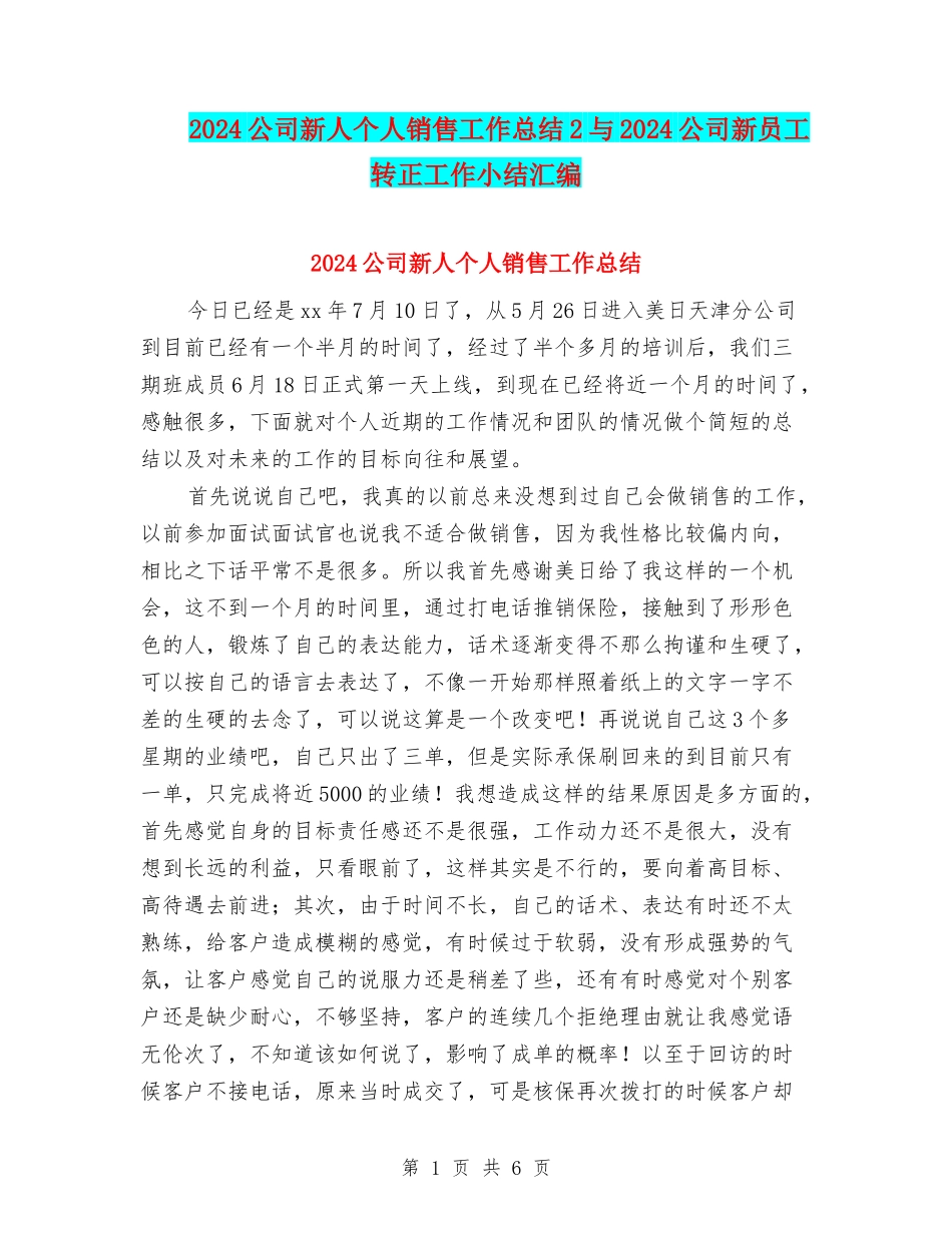 2024公司新人个人销售工作总结2与2024公司新员工转正工作小结汇编_第1页