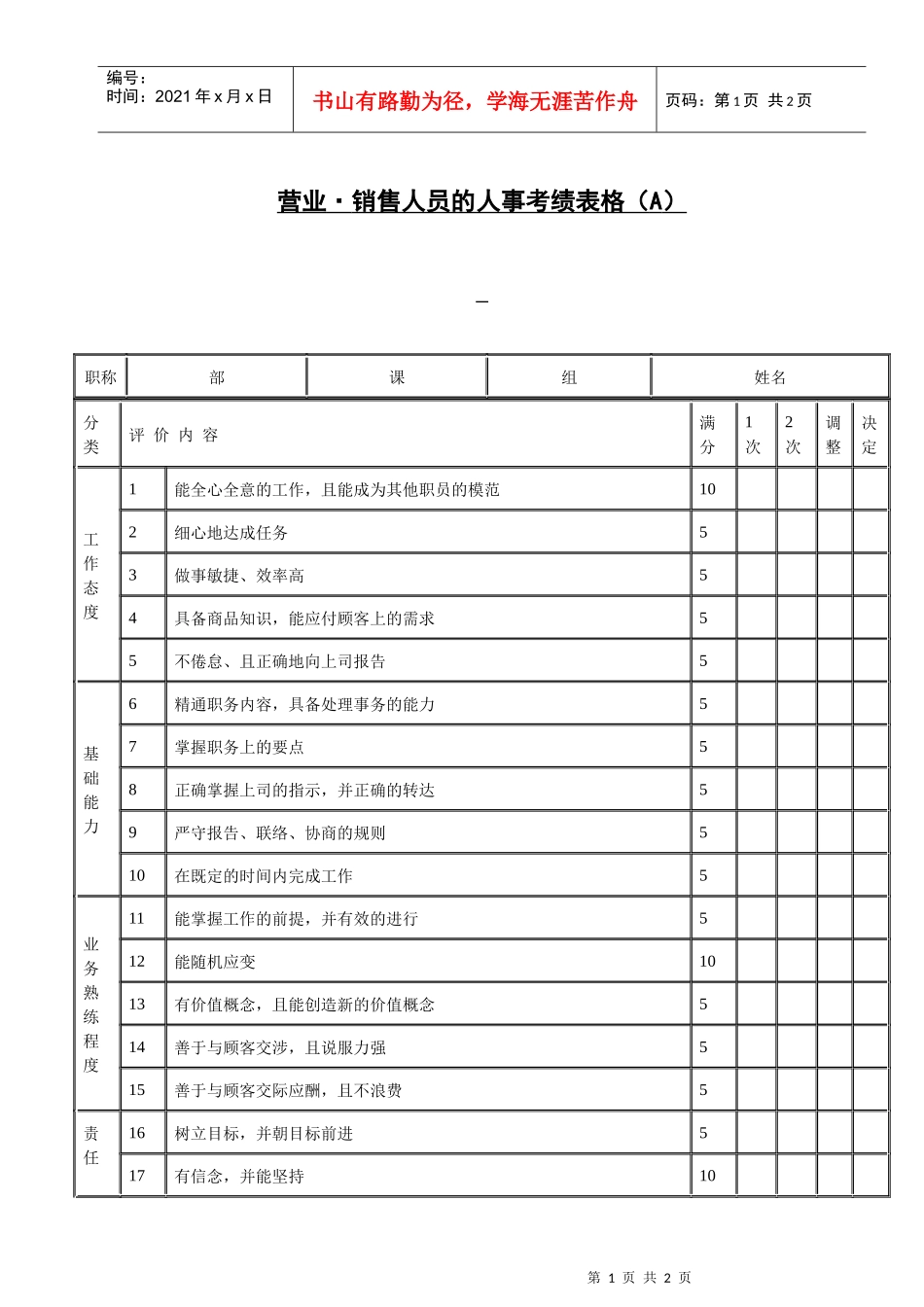 营业·销售人员的人事考绩表格（A）(1)_第1页