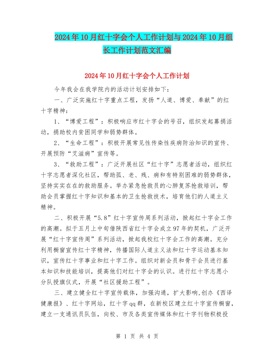 2024年10月红十字会个人工作计划与2024年10月组长工作计划范文汇编_第1页