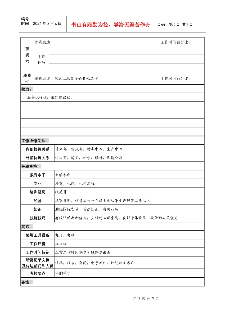 某化纤企业进口业务主管职务说明书_第2页