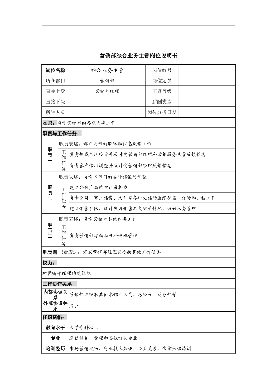营销部综合业务主管岗位说明书_第1页