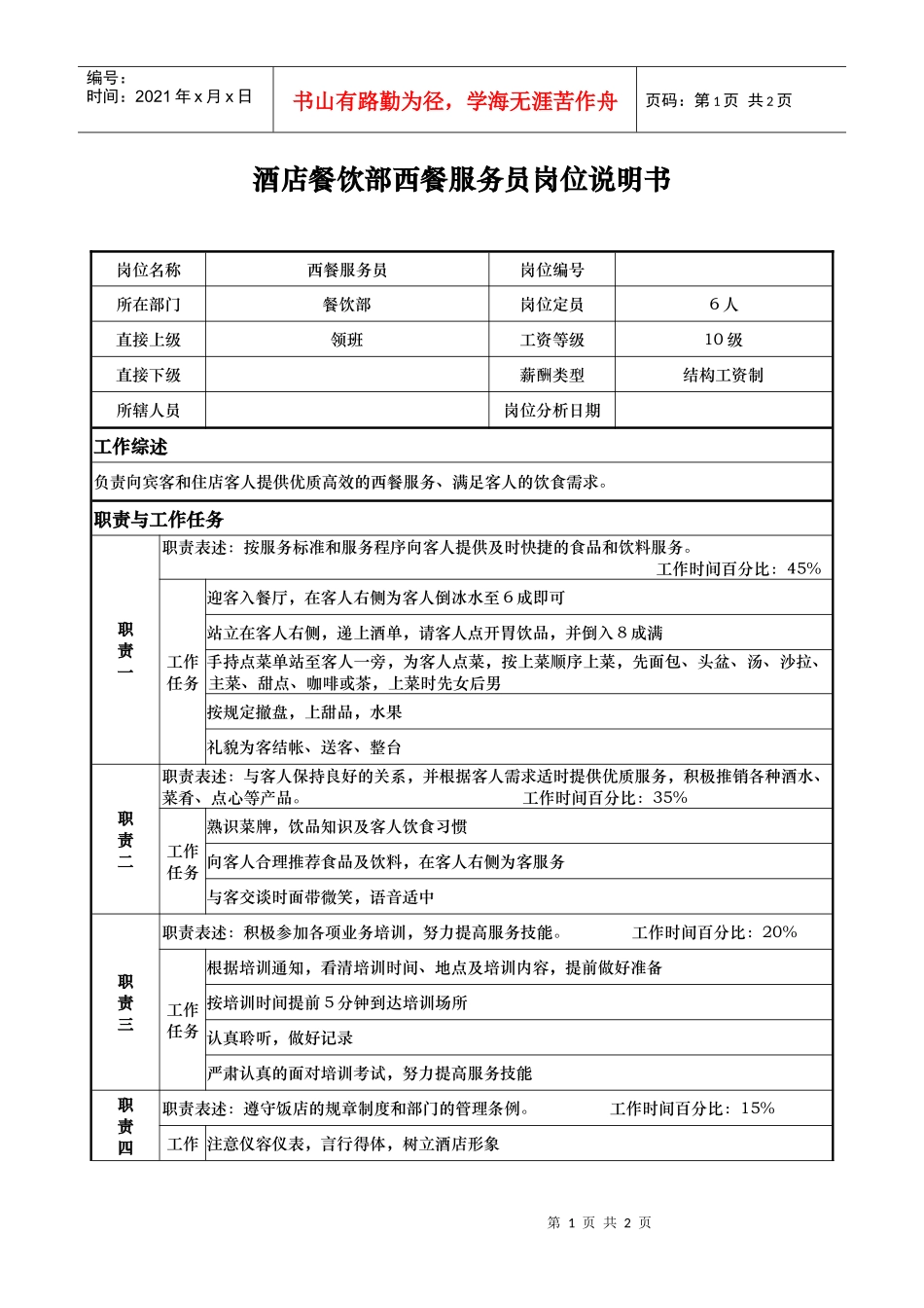 酒店餐饮部西餐服务员岗位说明书_第1页