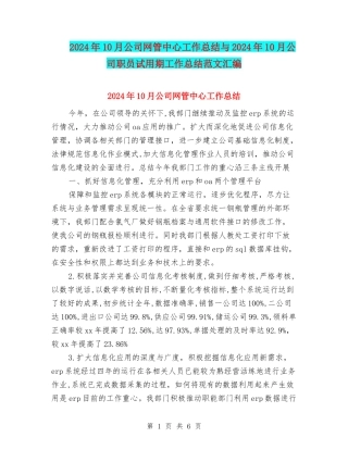 2024年10月公司网管中心工作总结与2024年10月公司职员试用期工作总结范文汇编