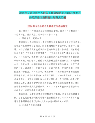 2024年9月公司个人财务工作总结范文与2024年9月公司产品市场销售计划范文汇编
