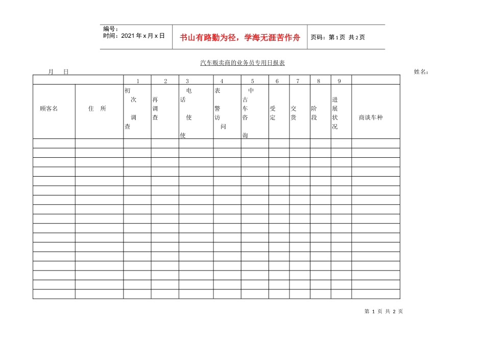 汽车贩卖商的业务员专用日报表_第1页