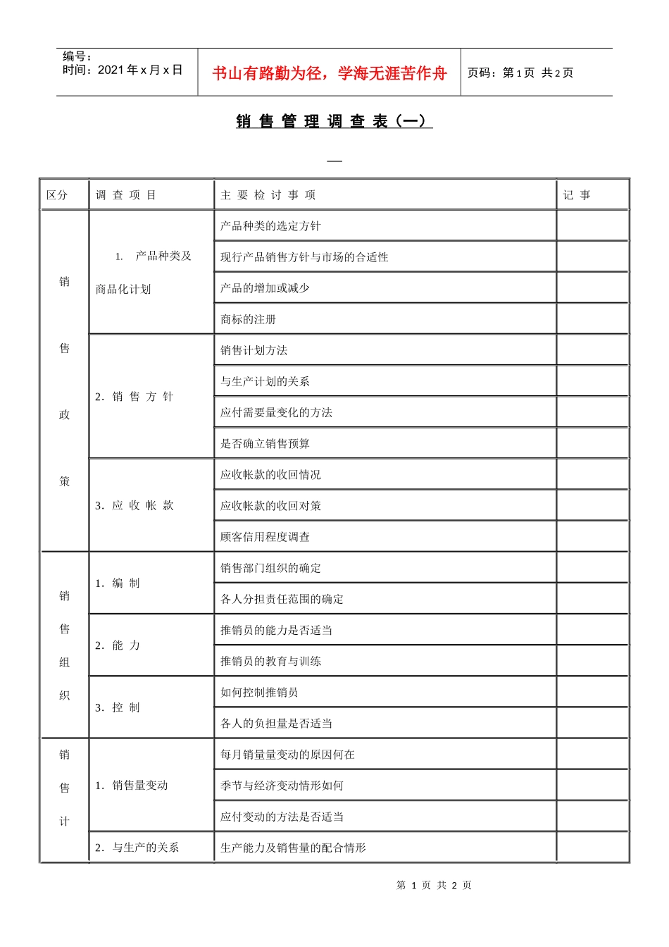 销售管理调查表（一）_第1页