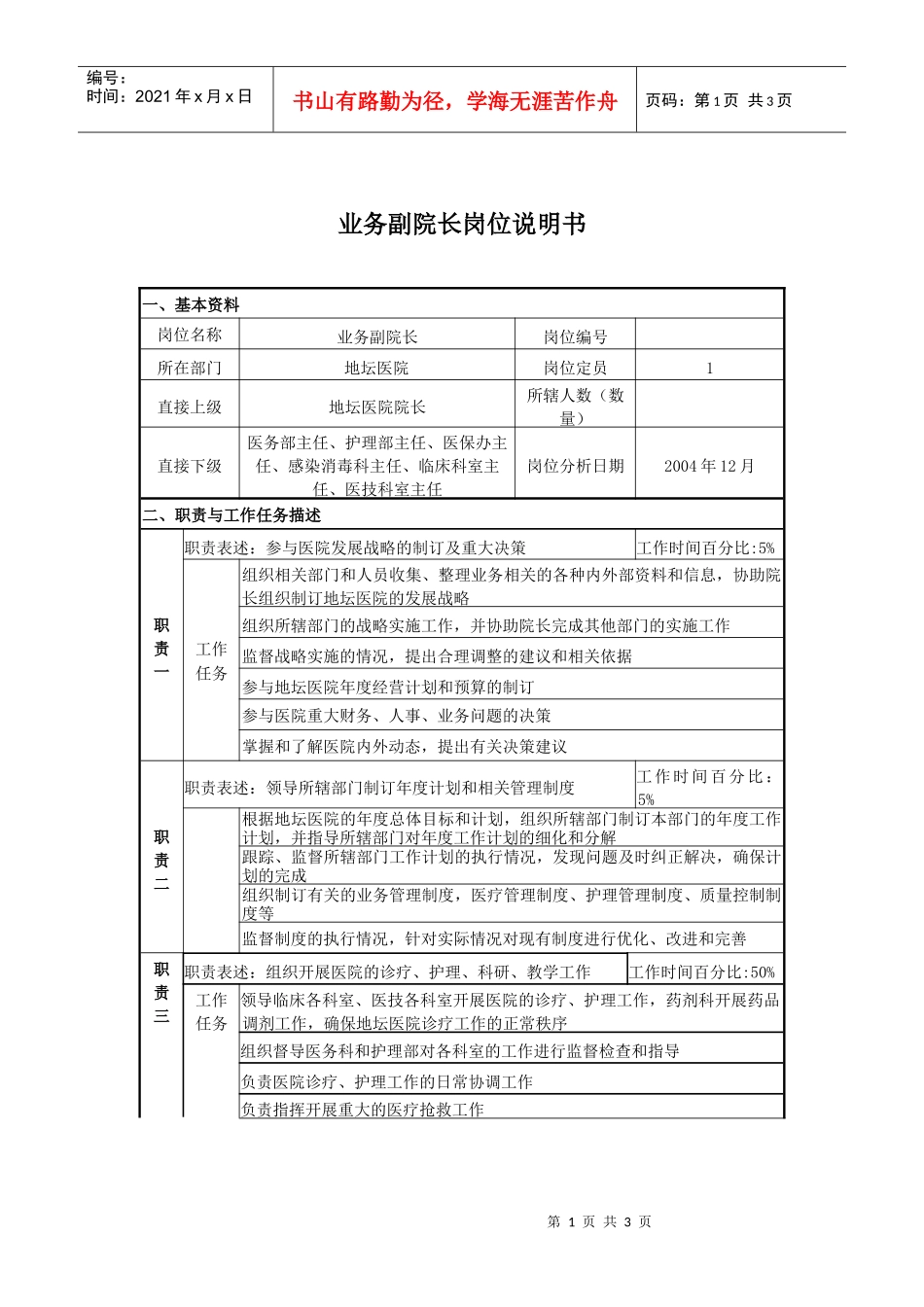 某医院业务副院长岗位说明书_第1页