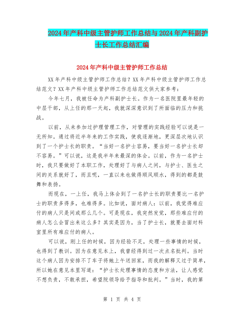 2024年产科中级主管护师工作总结与2024年产科副护士长工作总结汇编_第1页