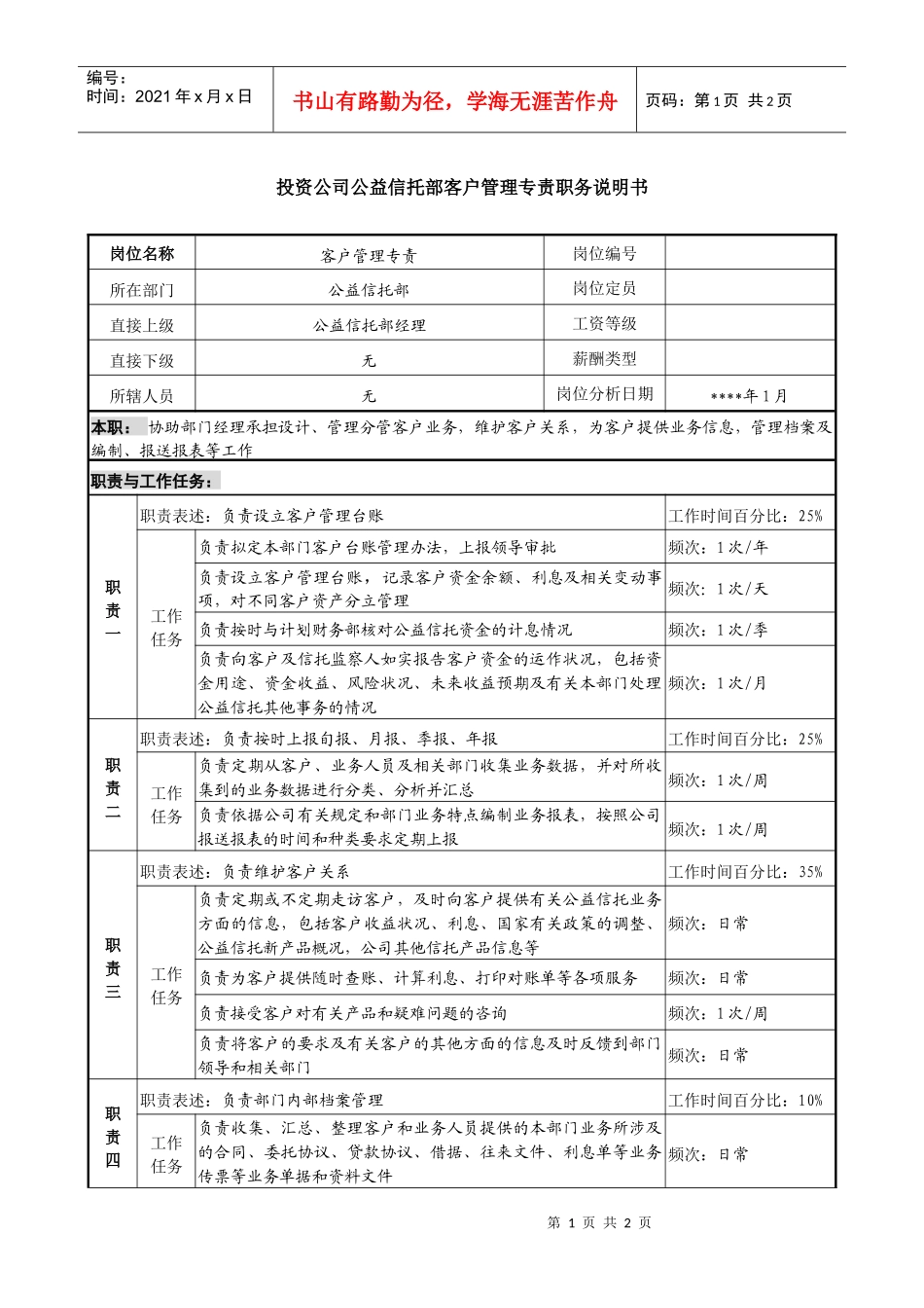 投资公司公益信托部客户管理专责职务说明书_第1页