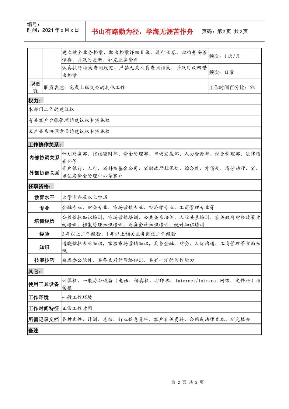 投资公司公益信托部客户管理专责职务说明书_第2页