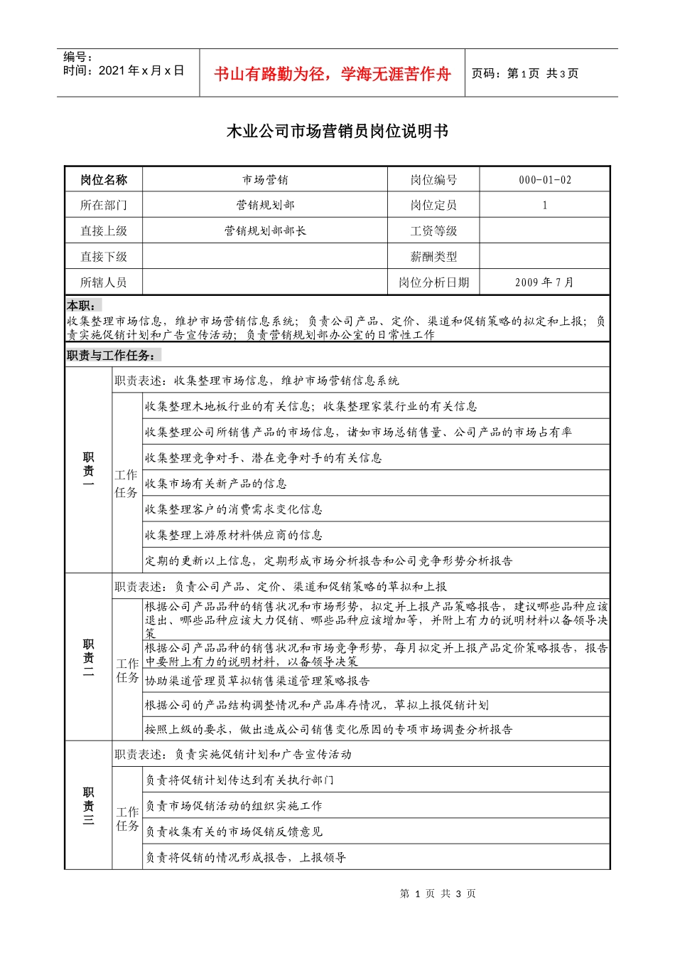 木业公司市场营销员岗位说明书_第1页