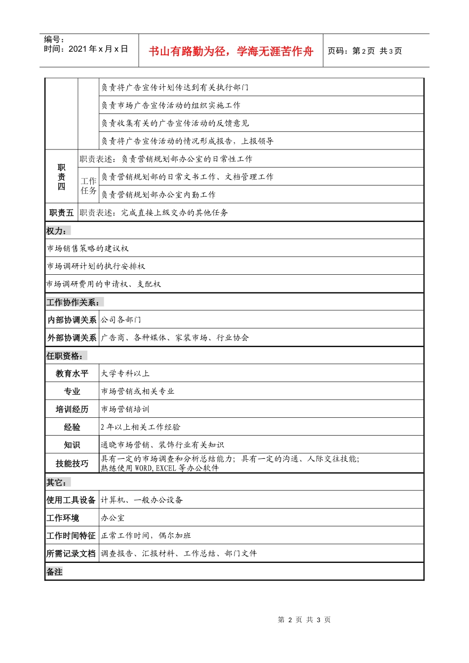 木业公司市场营销员岗位说明书_第2页