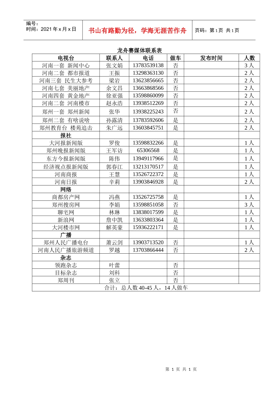 龙舟赛新闻发布会媒体联系表_第1页