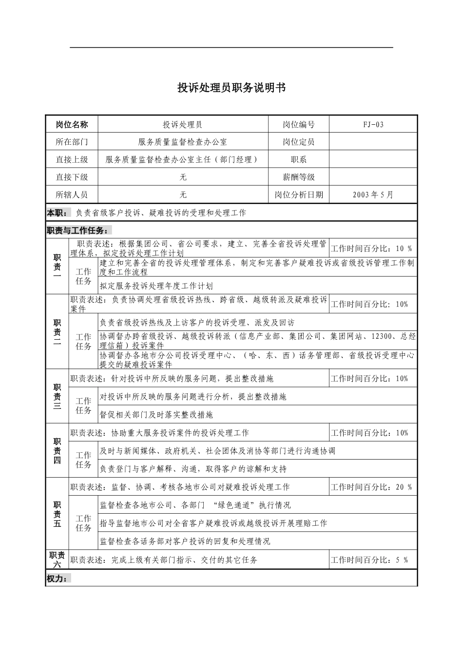 通信行业-服务质量监督检查部-投诉处理员岗位说明书_第1页