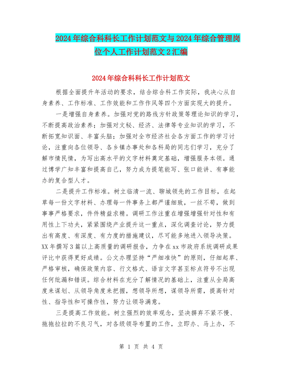 2024年综合科科长工作计划范文与2024年综合管理岗位个人工作计划范文2汇编_第1页
