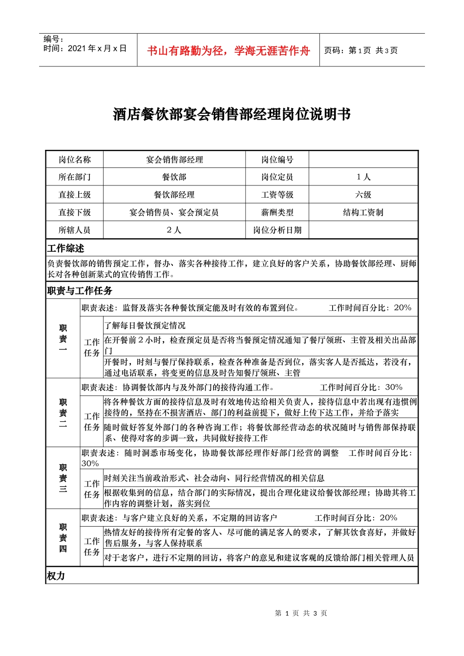 酒店餐饮部宴会销售部经理岗位说明书_第1页