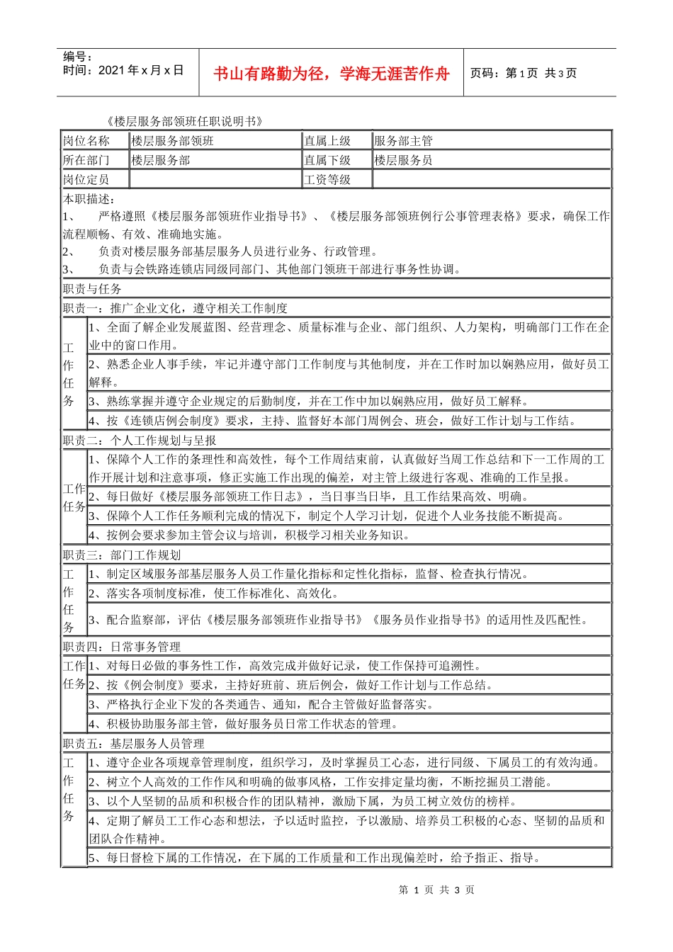 某连锁餐饮企业楼层服务部领班职务说明书_第1页