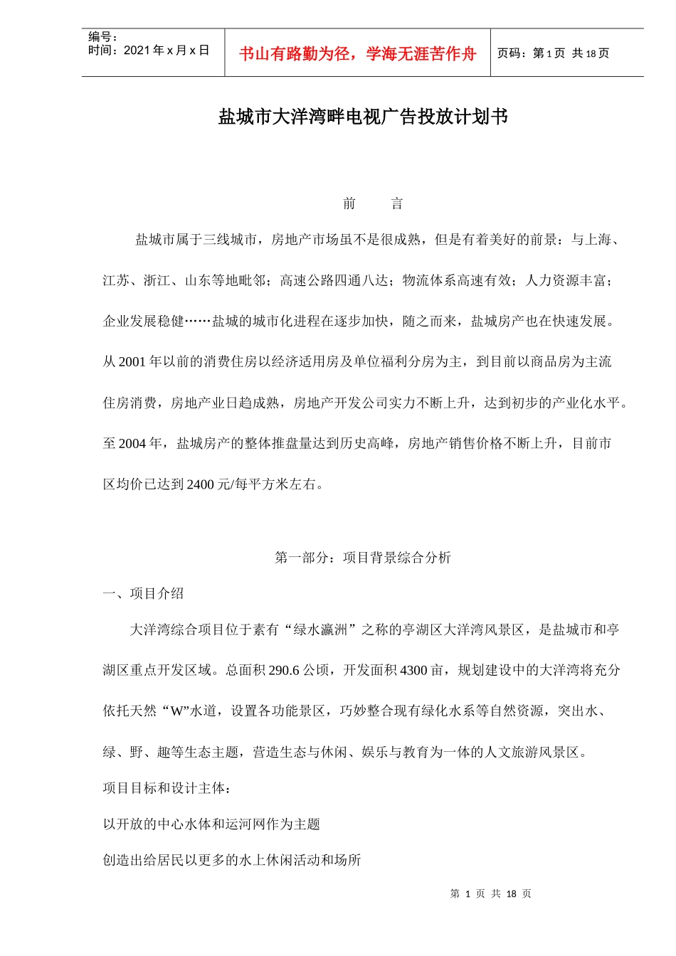 盐城市大洋湾畔电视广告投放计划书_第1页