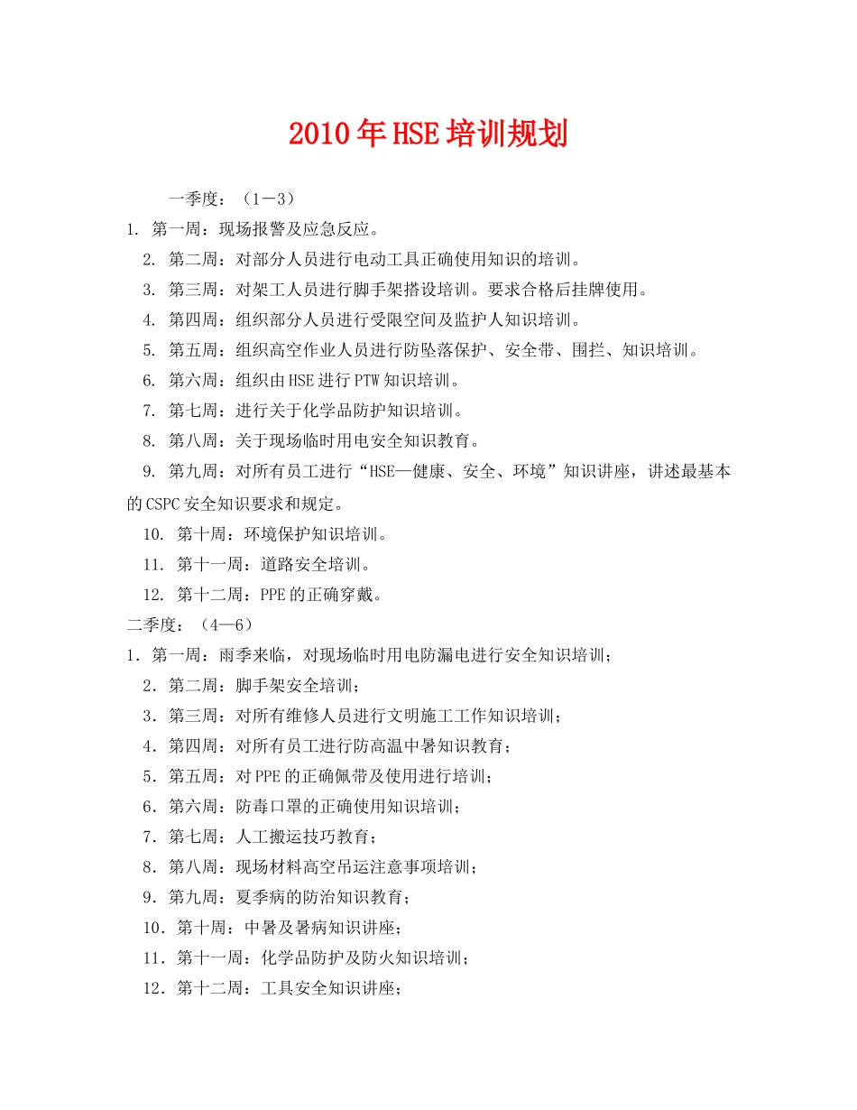 《安全管理文档》之2010年HSE培训规划 _第1页