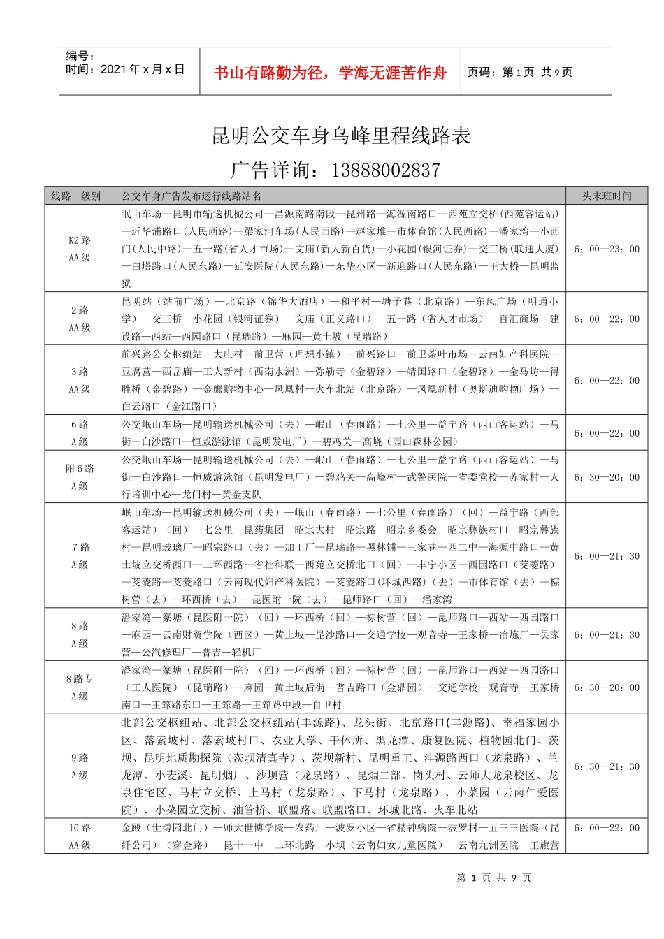 昆明公交车身广告里程线路表_第1页