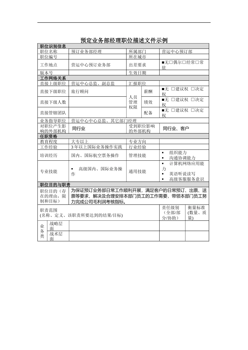 预订业务部经理岗位说明书_第1页