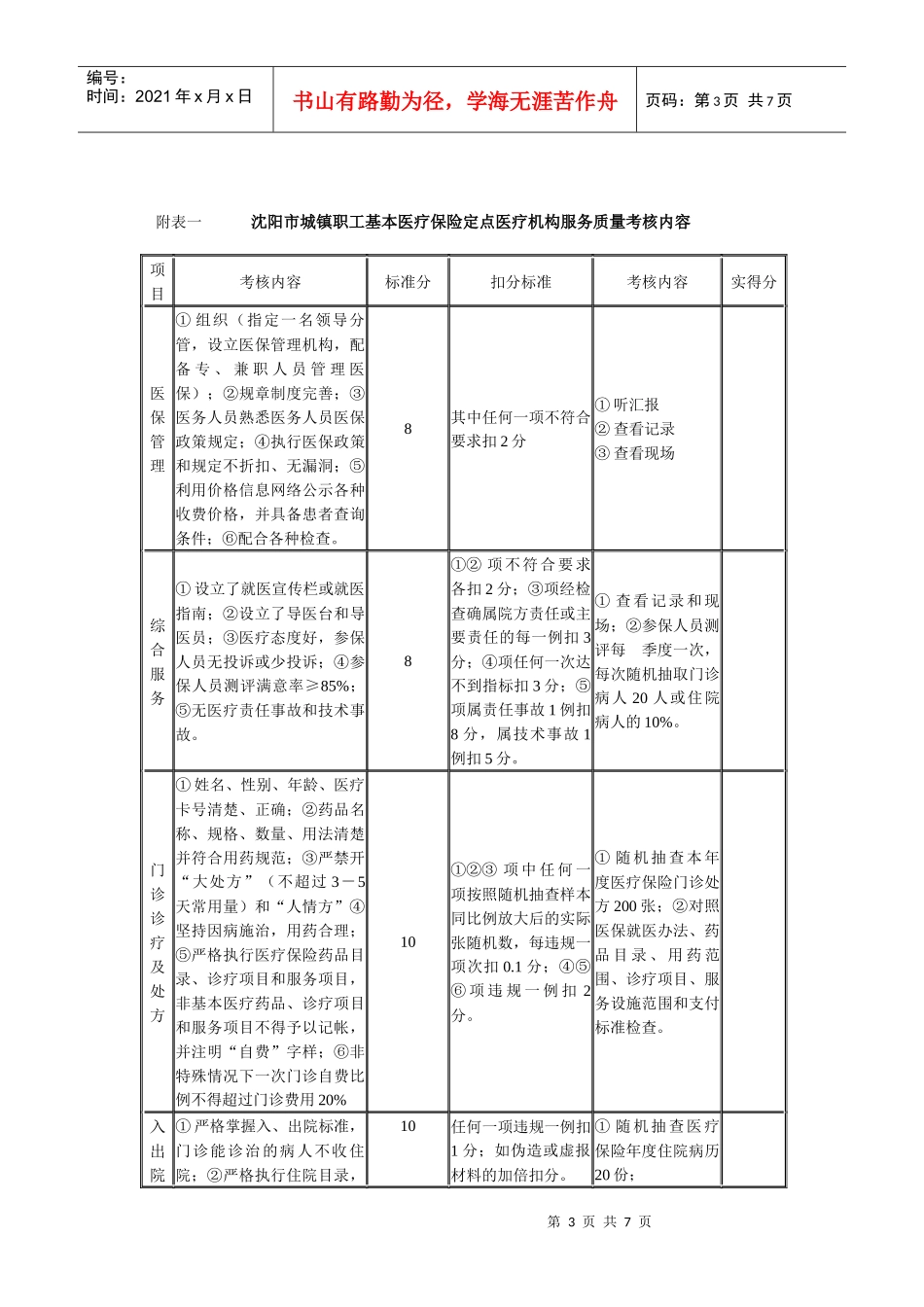 沈阳市城镇职工基本医疗保险定点医疗机构医疗服务质量考核办法_第3页
