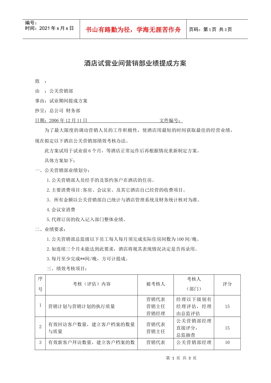 酒店试营业间营销部业绩提成方案_第1页