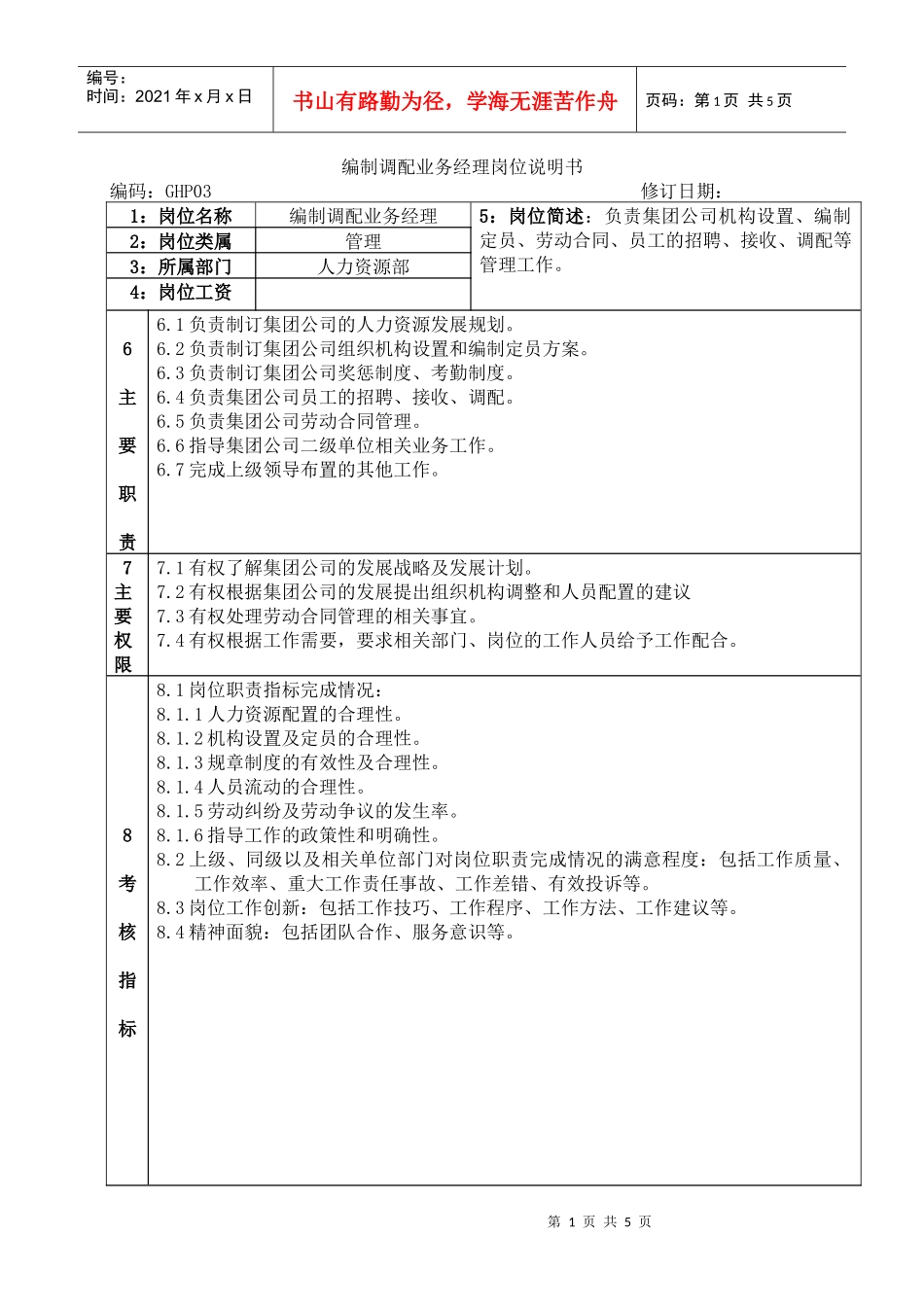编制调配业务经理岗位说明书_第1页