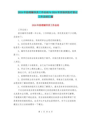 2024年助理辅导员工作总结与2024年劳保所医疗登记工作总结汇编