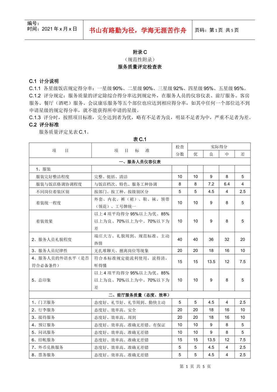 附录C（服务质量打分表）doc-《旅游涉外饭店星级的划分_第1页
